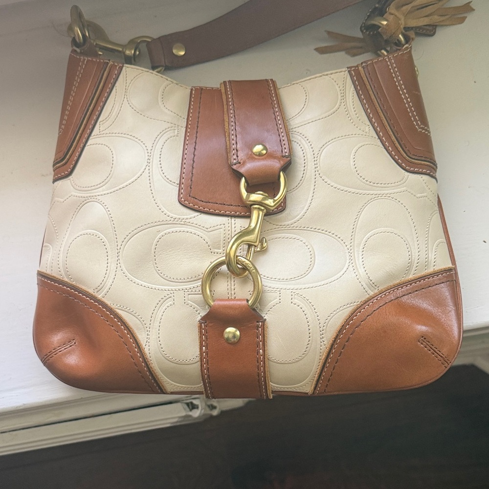 Coach Cream and Tan Shoulder Bag with Gold Accents